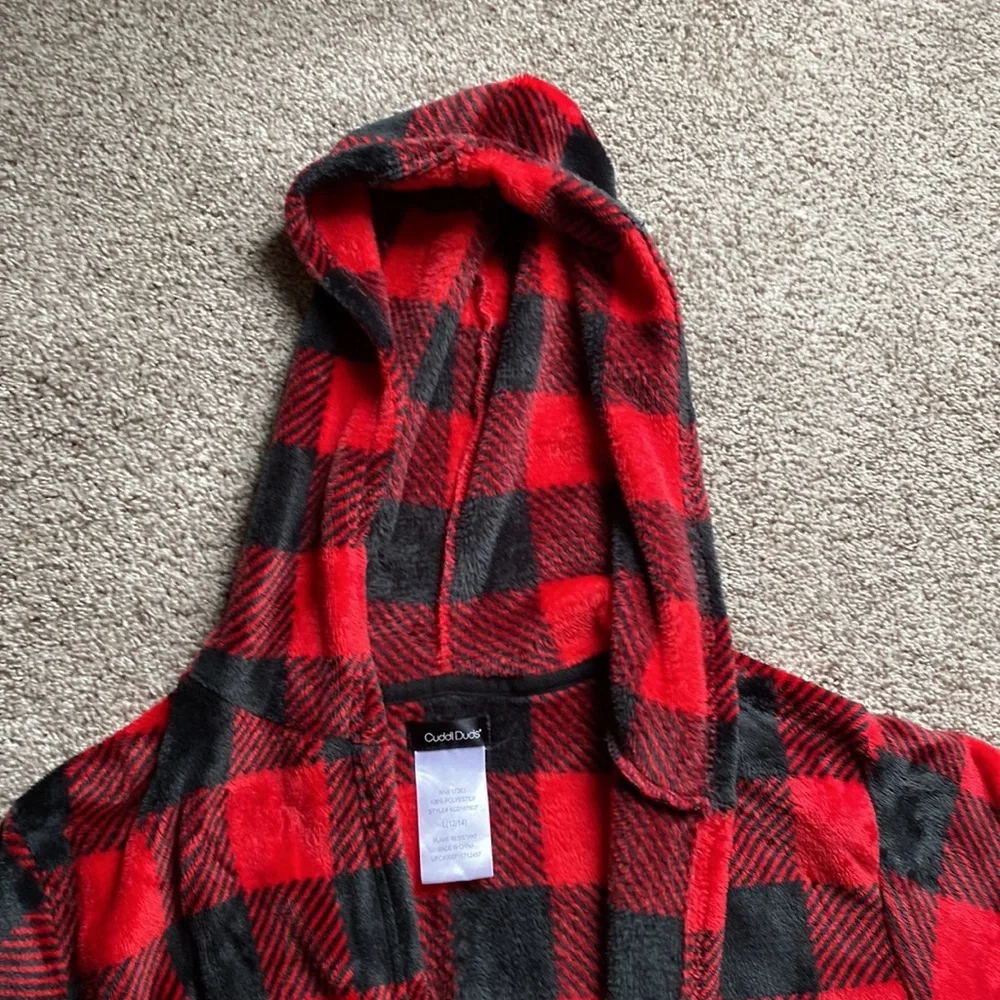 Cuddl Duds Kids red & black Buffalo Plaid hooded fleece robe size L 12/14 large